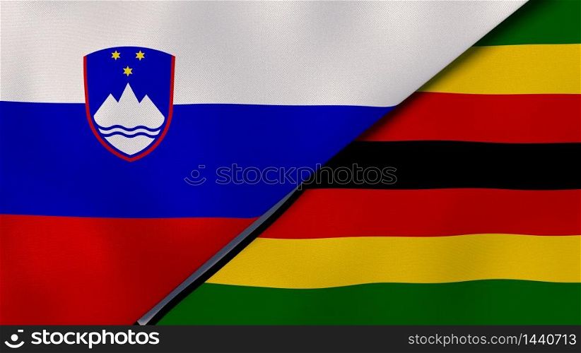 Two states flags of Slovenia and Zimbabwe. High quality business background. 3d illustration. The flags of Slovenia and Zimbabwe. News, reportage, business background. 3d illustration