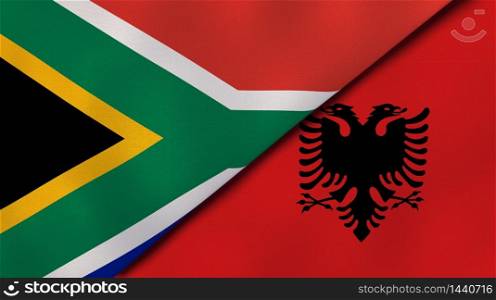 Two states flags of South Africa and Albania. High quality business background. 3d illustration. The flags of South Africa and Albania. News, reportage, business background. 3d illustration