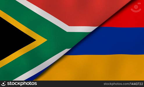 Two states flags of South Africa and Armenia. High quality business background. 3d illustration. The flags of South Africa and Armenia. News, reportage, business background. 3d illustration