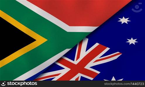 Two states flags of South Africa and Australia. High quality business background. 3d illustration. The flags of South Africa and Australia. News, reportage, business background. 3d illustration