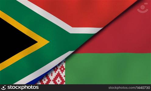 Two states flags of South Africa and Belarus. High quality business background. 3d illustration. The flags of South Africa and Belarus. News, reportage, business background. 3d illustration