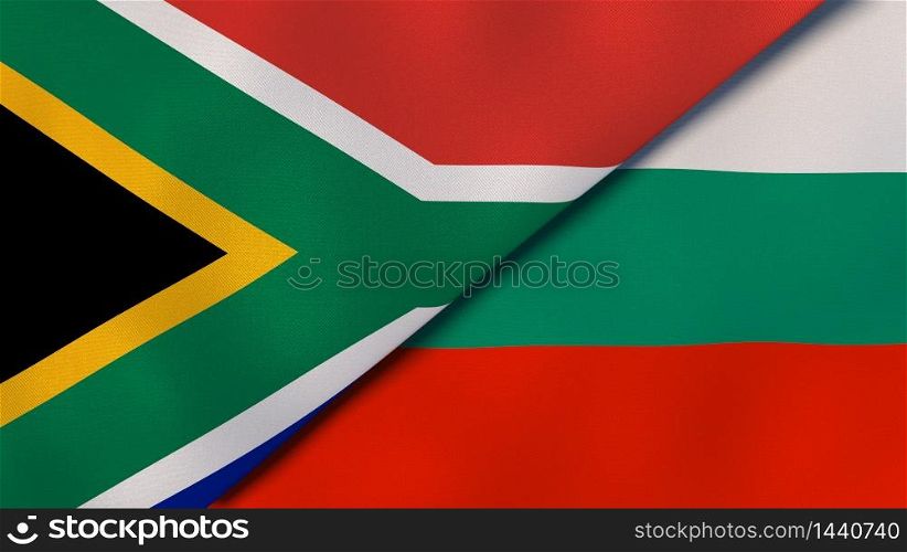 Two states flags of South Africa and Bulgaria. High quality business background. 3d illustration. The flags of South Africa and Bulgaria. News, reportage, business background. 3d illustration