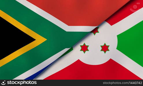 Two states flags of South Africa and Burundi. High quality business background. 3d illustration. The flags of South Africa and Burundi. News, reportage, business background. 3d illustration