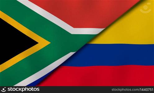 Two states flags of South Africa and Colombia. High quality business background. 3d illustration. The flags of South Africa and Colombia. News, reportage, business background. 3d illustration