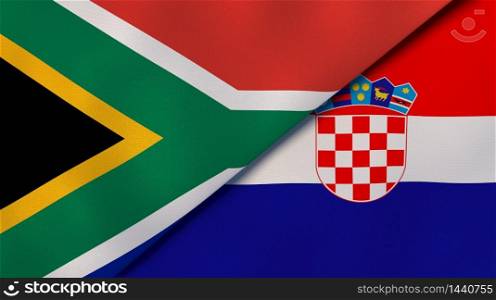 Two states flags of South Africa and Croatia. High quality business background. 3d illustration. The flags of South Africa and Croatia. News, reportage, business background. 3d illustration