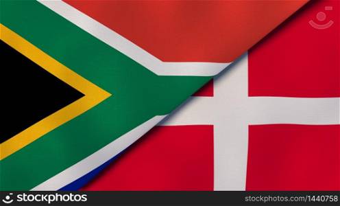 Two states flags of South Africa and Denmark. High quality business background. 3d illustration. The flags of South Africa and Denmark. News, reportage, business background. 3d illustration