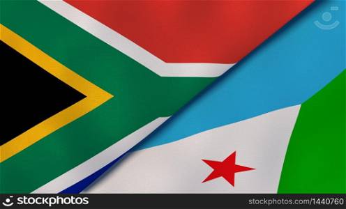 Two states flags of South Africa and Djibouti. High quality business background. 3d illustration. The flags of South Africa and Djibouti. News, reportage, business background. 3d illustration