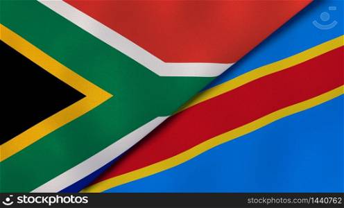 Two states flags of South Africa and DR Congo. High quality business background. 3d illustration. The flags of South Africa and DR Congo. News, reportage, business background. 3d illustration