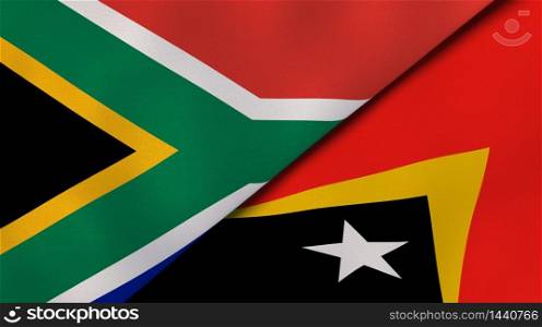 Two states flags of South Africa and East Timor. High quality business background. 3d illustration. The flags of South Africa and East Timor. News, reportage, business background. 3d illustration