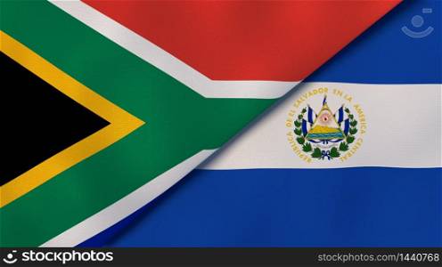 Two states flags of South Africa and El Salvador. High quality business background. 3d illustration. The flags of South Africa and El Salvador. News, reportage, business background. 3d illustration