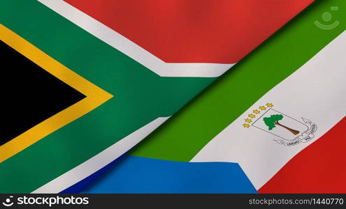 Two states flags of South Africa and Equatorial Guinea. High quality business background. 3d illustration. The flags of South Africa and Equatorial Guinea. News, reportage, business background. 3d illustration