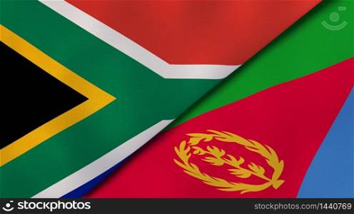 Two states flags of South Africa and Eritrea. High quality business background. 3d illustration. The flags of South Africa and Eritrea. News, reportage, business background. 3d illustration