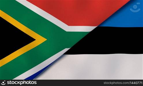 Two states flags of South Africa and Estonia. High quality business background. 3d illustration. The flags of South Africa and Estonia. News, reportage, business background. 3d illustration