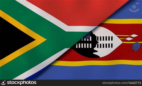 Two states flags of South Africa and Eswatini. High quality business background. 3d illustration. The flags of South Africa and Eswatini. News, reportage, business background. 3d illustration