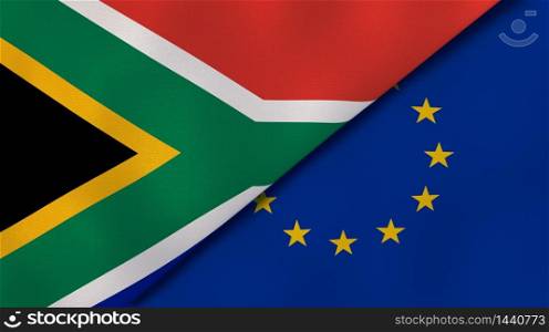 Two states flags of South Africa and European Union. High quality business background. 3d illustration. The flags of South Africa and European Union. News, reportage, business background. 3d illustration
