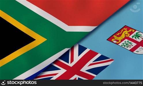 Two states flags of South Africa and Fiji. High quality business background. 3d illustration. The flags of South Africa and Fiji. News, reportage, business background. 3d illustration