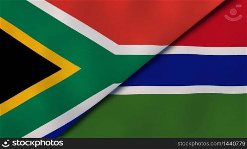 Two states flags of South Africa and Gambia. High quality business background. 3d illustration. The flags of South Africa and Gambia. News, reportage, business background. 3d illustration