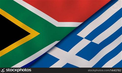 Two states flags of South Africa and Greece. High quality business background. 3d illustration. The flags of South Africa and Greece. News, reportage, business background. 3d illustration
