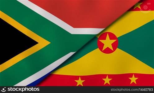 Two states flags of South Africa and Grenada. High quality business background. 3d illustration. The flags of South Africa and Grenada. News, reportage, business background. 3d illustration