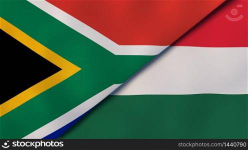 Two states flags of South Africa and Hungary. High quality business background. 3d illustration. The flags of South Africa and Hungary. News, reportage, business background. 3d illustration