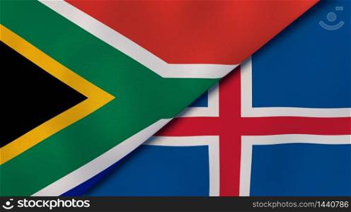 Two states flags of South Africa and Iceland. High quality business background. 3d illustration. The flags of South Africa and Iceland. News, reportage, business background. 3d illustration