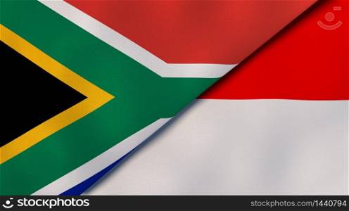 Two states flags of South Africa and Indonesia. High quality business background. 3d illustration. The flags of South Africa and Indonesia. News, reportage, business background. 3d illustration