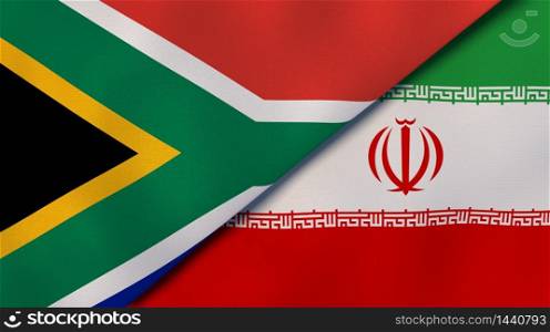 Two states flags of South Africa and Iran. High quality business background. 3d illustration. The flags of South Africa and Iran. News, reportage, business background. 3d illustration