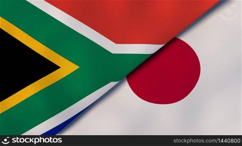 Two states flags of South Africa and Japan. High quality business background. 3d illustration. The flags of South Africa and Japan. News, reportage, business background. 3d illustration