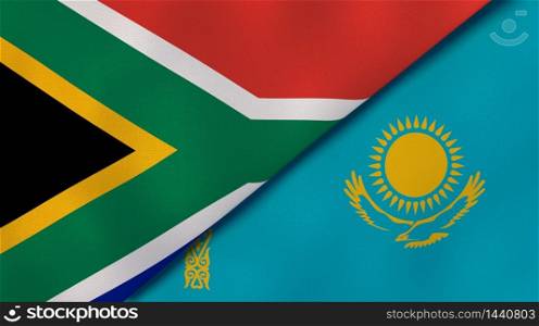 Two states flags of South Africa and Kazakhstan. High quality business background. 3d illustration. The flags of South Africa and Kazakhstan. News, reportage, business background. 3d illustration