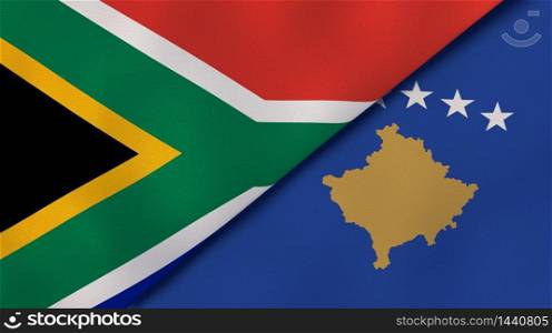 Two states flags of South Africa and Kosovo. High quality business background. 3d illustration. The flags of South Africa and Kosovo. News, reportage, business background. 3d illustration