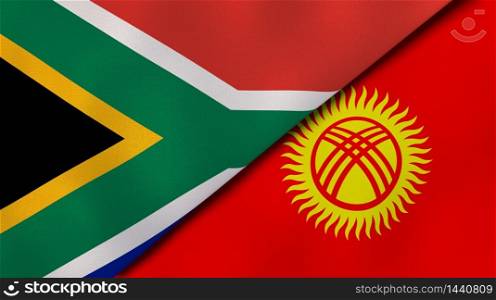 Two states flags of South Africa and Kyrgyzstan. High quality business background. 3d illustration. The flags of South Africa and Kyrgyzstan. News, reportage, business background. 3d illustration