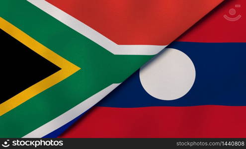 Two states flags of South Africa and Laos. High quality business background. 3d illustration. The flags of South Africa and Laos. News, reportage, business background. 3d illustration