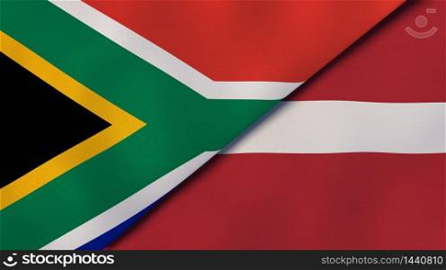 Two states flags of South Africa and Latvia. High quality business background. 3d illustration. The flags of South Africa and Latvia. News, reportage, business background. 3d illustration