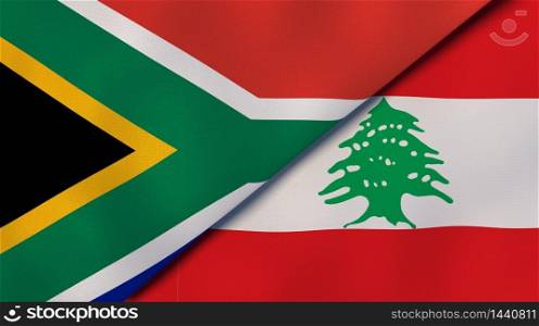 Two states flags of South Africa and Lebanon. High quality business background. 3d illustration. The flags of South Africa and Lebanon. News, reportage, business background. 3d illustration