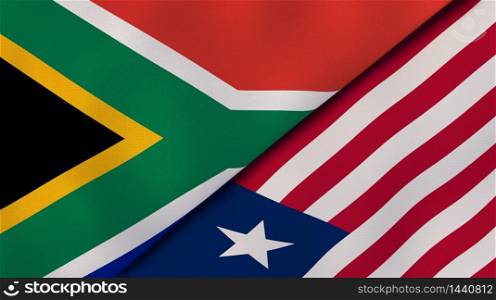 Two states flags of South Africa and Liberia. High quality business background. 3d illustration. The flags of South Africa and Liberia. News, reportage, business background. 3d illustration