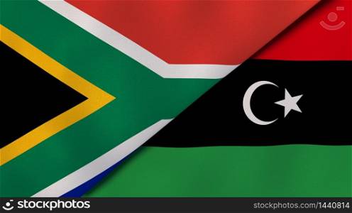 Two states flags of South Africa and Libya. High quality business background. 3d illustration. The flags of South Africa and Libya. News, reportage, business background. 3d illustration