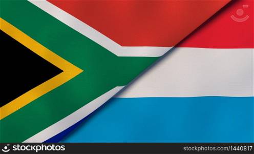 Two states flags of South Africa and Luxembourg. High quality business background. 3d illustration. The flags of South Africa and Luxembourg. News, reportage, business background. 3d illustration
