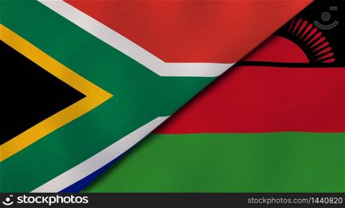 Two states flags of South Africa and Malawi. High quality business background. 3d illustration. The flags of South Africa and Malawi. News, reportage, business background. 3d illustration