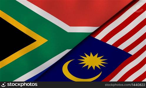 Two states flags of South Africa and Malaysia. High quality business background. 3d illustration. The flags of South Africa and Malaysia. News, reportage, business background. 3d illustration