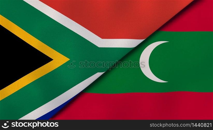 Two states flags of South Africa and Maldives. High quality business background. 3d illustration. The flags of South Africa and Maldives. News, reportage, business background. 3d illustration