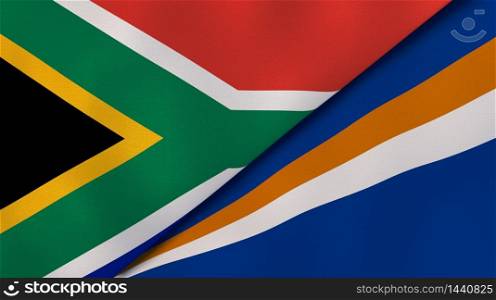 Two states flags of South Africa and Marshall Islands. High quality business background. 3d illustration. The flags of South Africa and Marshall Islands. News, reportage, business background. 3d illustration