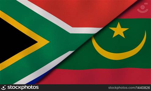 Two states flags of South Africa and Mauritania. High quality business background. 3d illustration. The flags of South Africa and Mauritania. News, reportage, business background. 3d illustration