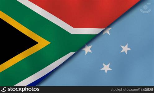 Two states flags of South Africa and Micronesia. High quality business background. 3d illustration. The flags of South Africa and Micronesia. News, reportage, business background. 3d illustration