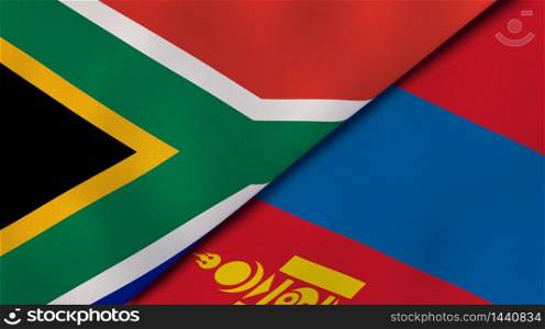 Two states flags of South Africa and Mongolia. High quality business background. 3d illustration. The flags of South Africa and Mongolia. News, reportage, business background. 3d illustration