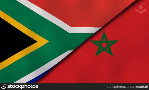 Two states flags of South Africa and Morocco. High quality business background. 3d illustration. The flags of South Africa and Morocco. News, reportage, business background. 3d illustration