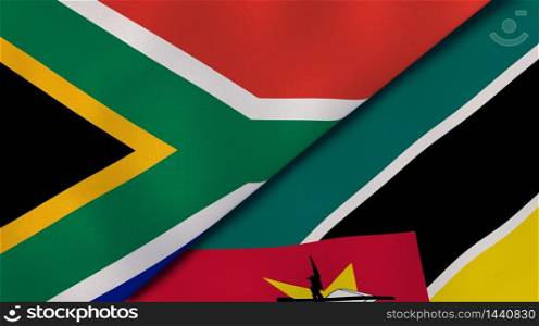 Two states flags of South Africa and Mozambique. High quality business background. 3d illustration. The flags of South Africa and Mozambique. News, reportage, business background. 3d illustration