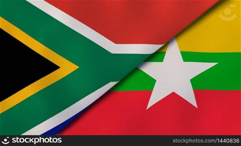 Two states flags of South Africa and Myanmar. High quality business background. 3d illustration. The flags of South Africa and Myanmar. News, reportage, business background. 3d illustration