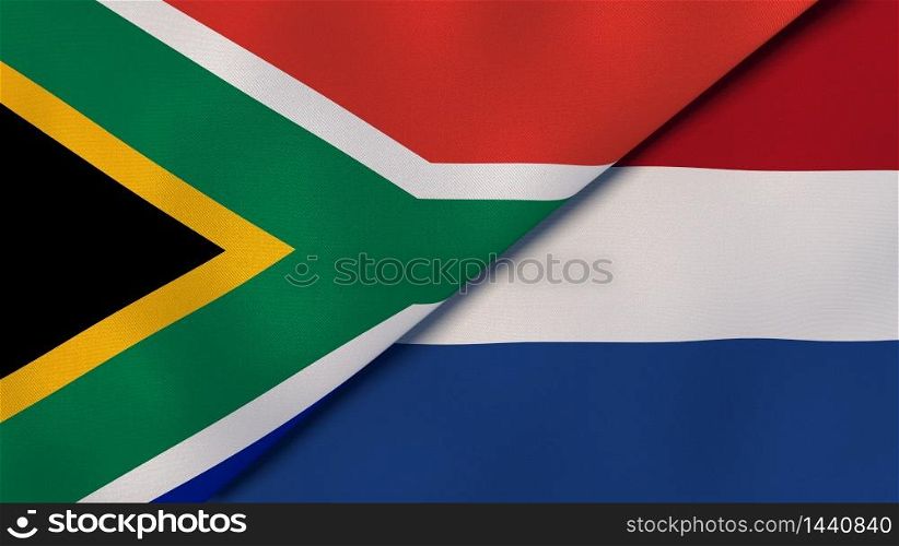 Two states flags of South Africa and Netherlands. High quality business background. 3d illustration. The flags of South Africa and Netherlands. News, reportage, business background. 3d illustration