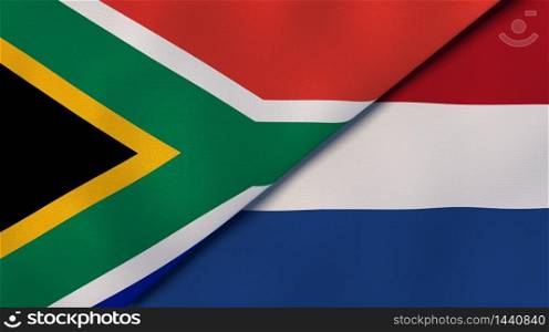Two states flags of South Africa and Netherlands. High quality business background. 3d illustration. The flags of South Africa and Netherlands. News, reportage, business background. 3d illustration