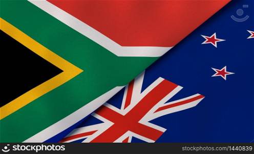 Two states flags of South Africa and New Zealand. High quality business background. 3d illustration. The flags of South Africa and New Zealand. News, reportage, business background. 3d illustration